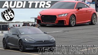 Audi TTRS vs Tesla Plaid 65mph Roll Start  Pocono Raceway [upl. by Aynosal357]