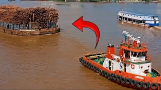 Tug Boat ARINGGA Looks Very Close Pulling a Wooden Barge for Papermaking Materials [upl. by Nageet269]