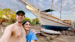 CRACKING and CREEKING Dragging a restored wooden boat to her LAUNCH — Sailing Yabá 202 [upl. by Edge]