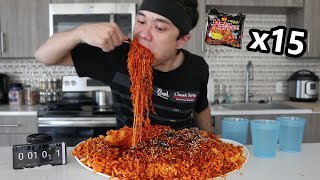 Most Korean Fire Noodles Ever Eaten x15 Packs  불닭 볶음면 도전 [upl. by Nerot697]