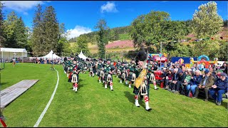 Drum Major leads Huntly Pipe Band march at 2024 Lonach Highland Gathering and Games in Scotland [upl. by Iilek]