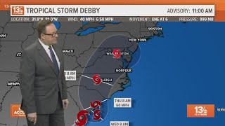 Tracking Debby across East Coast  Radar projected path [upl. by Lahtnero236]