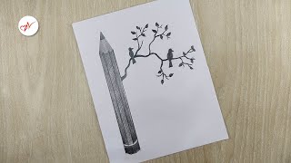 How to draw a realistic pencil with tree branches and birds  Pencil sketch drawing [upl. by Iew603]