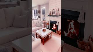 Cozy white cottage living room on a snowy daycozy ambience blizzard fireplace livingroom [upl. by Rutherford]