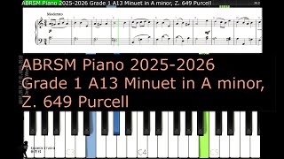 ABRSM Piano 2025 2026 Grade 1 A13 Minuet in A minor Z 649 Purcell [upl. by Grizel441]