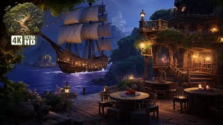 🏴‍☠️ Pirate Tavern Terrace Ambience • Night Sounds • Waves amp Sea Breeze [upl. by Mehsah]