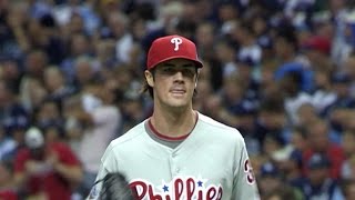 2008 WS Gm1 Hamels pitches seven strong innings [upl. by Anuahsat141]