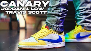 Jordan 1 Retro Low OG SP Travis Scott Canary Review and on Foot [upl. by Wappes]