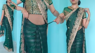 एक सेफ्टी पिन से पहने परफेक्ट साड़ी  Green heavy border style saree draping tutorial for beginners [upl. by Anatol]