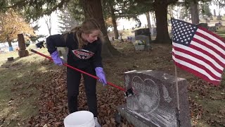 Oakfield students honor veterans by cleaning headstones at Avoca Cemetery [upl. by Syramad]