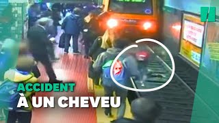 Poussée par inadvertance sur les rails par un voyageur cette femme a été sauvée in extremis [upl. by Einnep]