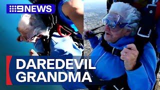 Grandmother celebrates 90th birthday with a skydive  9 News Australia [upl. by Yearwood]