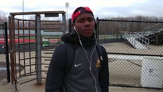 NHtrack Brushs Quentin Woodall discusses his 110 hurdles win at the Mentor Cardinal Relays [upl. by Annahsal]