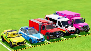 TRANSPORTING POLICE CARS FIRE DEPARTMENT and AMBULANCE EMERGENCY VEHICLES WITH SCANIA TRUCKS  FS22 [upl. by Hpesoj]