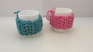 Cup Cozy aus Jersey Garn häkeln  Einfache Anleitung für Tassenmantel  Tee amp Kaffeetasse [upl. by Breeze]