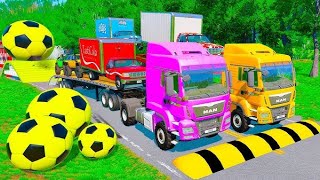 Double Flatbed Trailer Truck vs speed bumpsBusses vs speed bumps Car vs TrackBeamng Drive Ep 9 [upl. by Lleon]