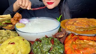 ASMR EATING PANTA BHATPAKHALA BHATAALOO BARTASHAKBAINGAN FRYBIG FISH CURRYCHINGRI CURRYPAPAD [upl. by Araed]