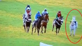 Wetherby race incident  loose horse wipes out three runners [upl. by Etnuahc]