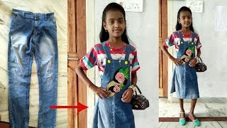 DIY ConvertReuse old Mens Jeans into girls DUNGAREE DRESS DUNGAREE SKIRT By Sri Tv [upl. by Nimad]