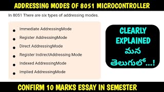 Addressing modes of 8051 Microcontroller ll Clearly explained in Telugu 8051microcontroller [upl. by Barnard342]