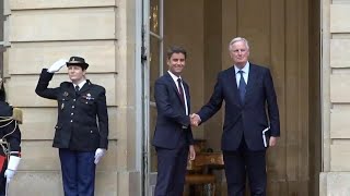 New French PM Barnier met by his predecessor Attal at Macrons residence [upl. by Illene784]