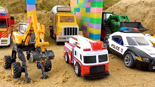 Construction Vehicles Rescue Police Car Fire Truck Pass Through The Magic Portal  BIBO TOYS [upl. by Kokoruda]