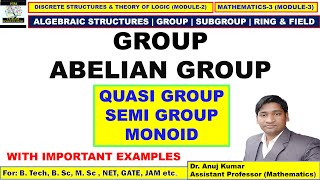 Group Theory  Quasi Group  Semi Group  Monoid  Group  Abelian Group  Abelian Group Examples [upl. by Oakes]