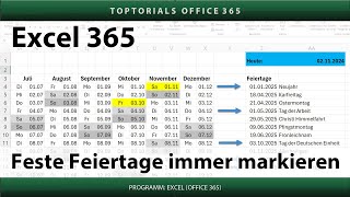 Feste Feiertage im Kalender jedes Jahr farbig markieren  Excel 365 Tutorial [upl. by Nisbet]