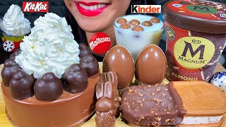 ASMR CHOCOLATE CAKE MAGNUM ICE CREAM TUB KINDER SURPRISE EGGS KITKAT BUNNY MASSIVE Eating Sounds [upl. by Leotie595]