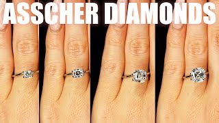 Asscher Cut Diamond Size Comparison on Hand Finger Engagement Ring Shape 75 Carat 2 ct 1 3 4 1 5 [upl. by Elburr]