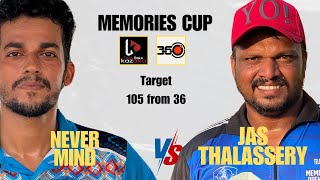 36 പന്തിൽ 104  NEVER MIND vs JAS THALASSERY  MEMORIES CUP6 overs match  1 lakh price money2024 [upl. by Essirehs]