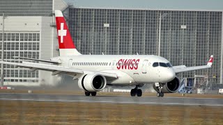 Bombardier CSeries CS100 Airbus A220100 Swiss HBJBA arrival at Munich Airport [upl. by Ilsel]