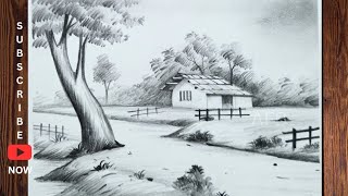 গ্রামের দৃশ্য সিনারি ড্রয়িং village scenery drawinglandscape drawingpencil drawing and shading [upl. by Tirma]