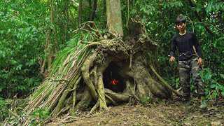 Building a Survival Shelter inside a secret fallen tree tree house Bushcraft Camping [upl. by Elva]