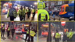 Packed Sheffield Supertrams overseen by lots of police on matchday [upl. by Neenwahs]