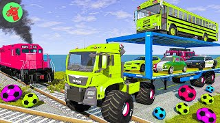 Double Flatbed Trailer Truck vs Speedbumps Train vs Cars  Tractor vs Train BeamngDrive [upl. by Maddalena]