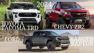 2024 Toyota Tacoma TRD Vs Ford Ranger Raptor Vs Chevy ZR2 How They Compare [upl. by Irrahs514]