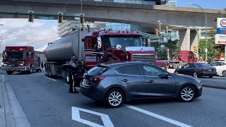 August 15 2024  Mack Tanker Truck Collides With Mazda3 at 2000 Willingdon Ave amp 4400 Lougheed Hwy [upl. by Reba]