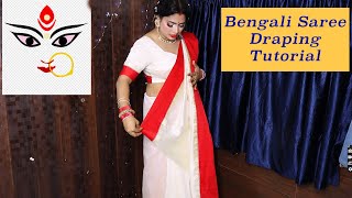 Traditional Bengali Saree Draping For Durga Puja  Easy Bengali Saree Draping Tutorial [upl. by Rimaa]