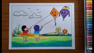 Kite flying drawing and colouring  Drawing on Kite festival  Makar sankranti drawing ideas [upl. by Trawets]