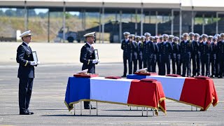 Cérémonie dhonneurs funèbres militaires en mémoire aux pilotes de Rafale décédés le 14 août 2024 [upl. by Aenea]