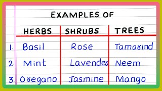 EXAMPLES OF HERBS SHRUBS AND TREES  5  FIVE EXAMPLES OF HERBS SHRUBS AND TREES  IN ENGLISH [upl. by Bengt]