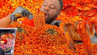 ASMR 10X SPICY NUCLEAR FIRE NOODLES MEGA PRAWNS TRIMMED LEEKS AND MUSHROOMS MUKBANG [upl. by Ytiak]