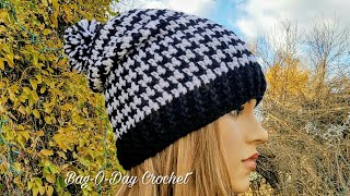 HOW TO CROCHET  SLOUCHY HAT  UNISEX HOUNDSTOOTH BEANIE  BAGODAY CROCHET Tutorial 438 [upl. by Noiramaj]