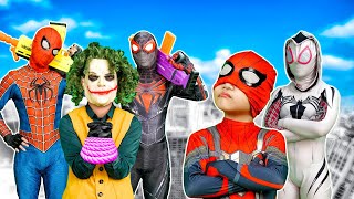 PRO 5 SUPERHEROs Story  All SPIDERMAN Rescue White SpiderGirl From JOKER Action Real Life [upl. by Tiffie]