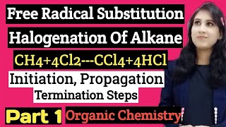 Free Radical Substitution Halogenation Of Alkane Chain initiation Propagation Termination Steps [upl. by Eartha]