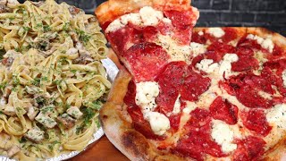 ASMR EATING FIVE CHEESE PEPPERONI PIZZA AND CHICKEN FETTUCCINE ALFREDO MUKBANG [upl. by Ddat]