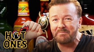 Ricky Gervais Pits His Mild British Palate Against Spicy Wings  Hot Ones [upl. by Konikow]