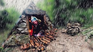 5 days surviving extreme rain Building two survival shelters Bushcraft Camping in the rain [upl. by Aleemaj]