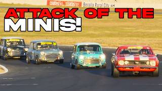 Minis ATTACK Camaro  Huge Historic Touring Car Battle [upl. by Naltiac]